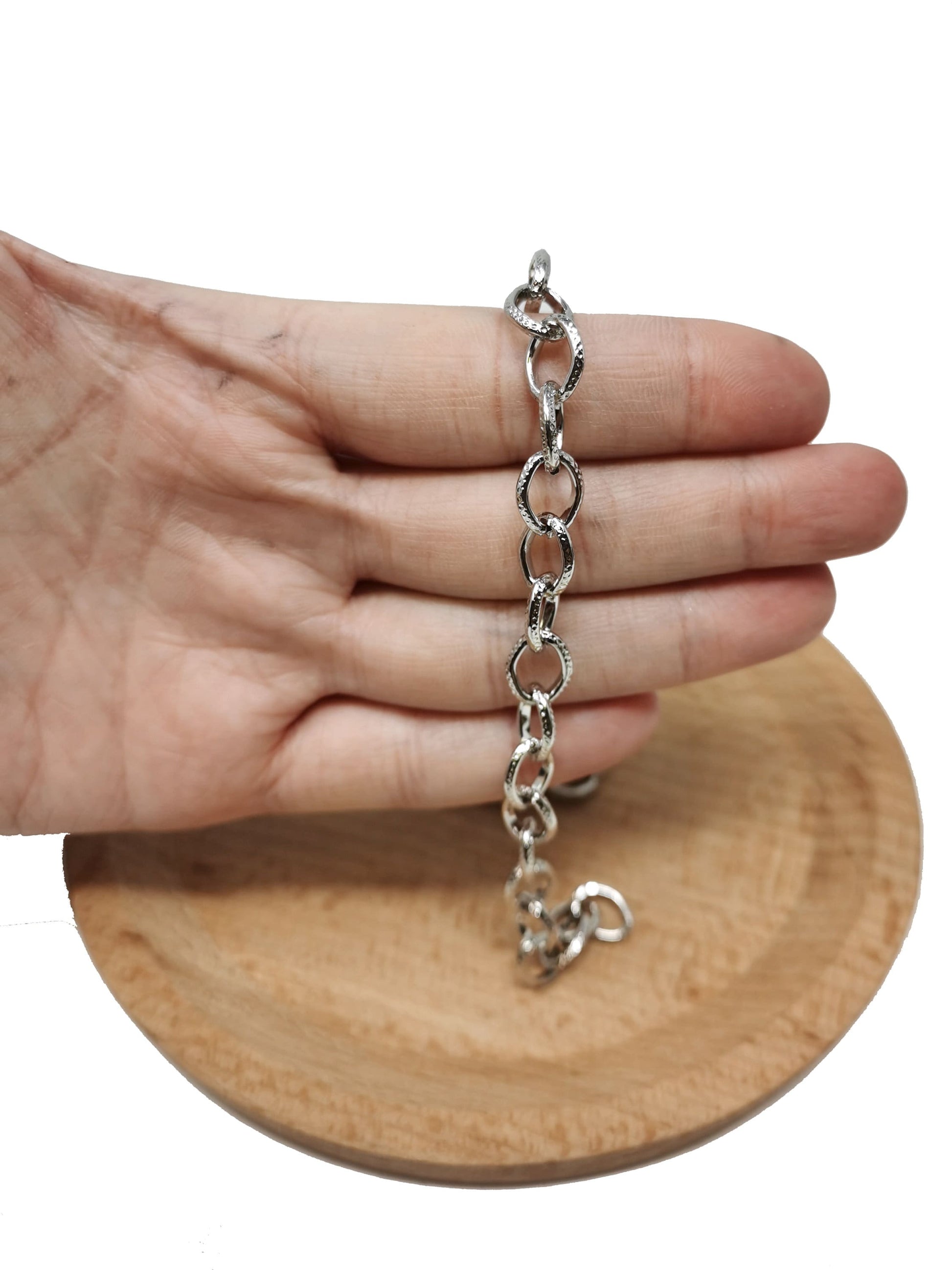 White Gold Pounded Diamond Rolo Chain by Yard, Oval Link Chain, Wholesale bulk Roll Chain for Jewelry Making, Width 7.6mm,Roll-211, 94