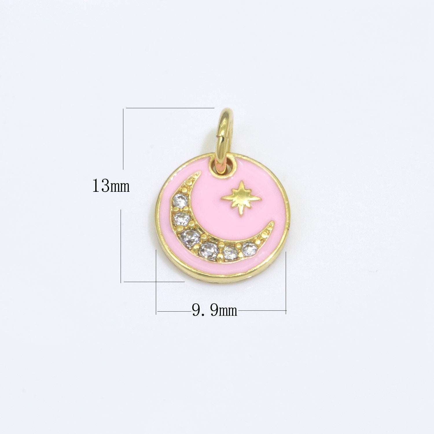 Pink Enamel Gold moon charms ,cubic moon pendants, Celestial charm, medallion charm, moon and star pendant in 14k Gold Filled