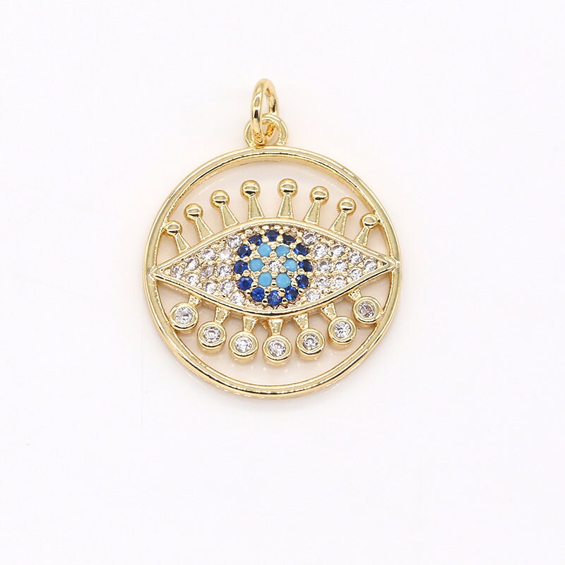 Round Disc Blue Evil Eye Charm, Gold Plated Medallion Charm Eye of Ra Amulet Jewelry Pendants Cubic Zirconia, 613