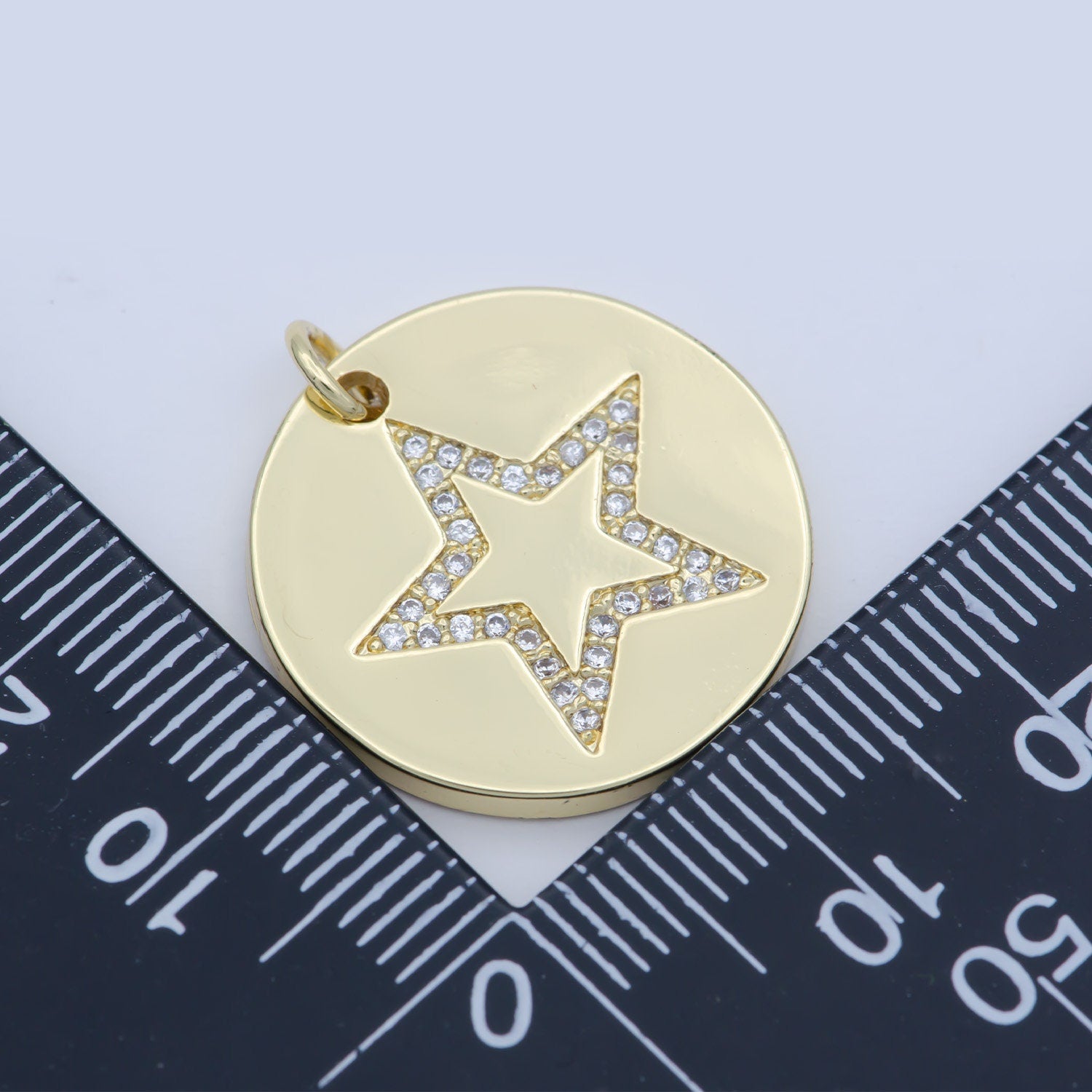 Gold Micro Pave CZ Star Charm, Cubic Galaxy Micro Pave CZ Pendant, Coin Pendant, Celestial Jewelry M-355