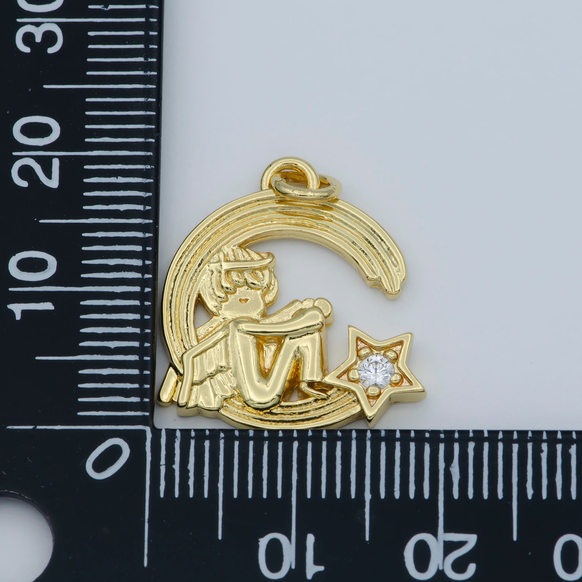 CZ Micro Pave Cherub Angel On Cresent Moon Shape Pendant, Gold Filled Charm Pendant, Necklace Bracelet Component M-356