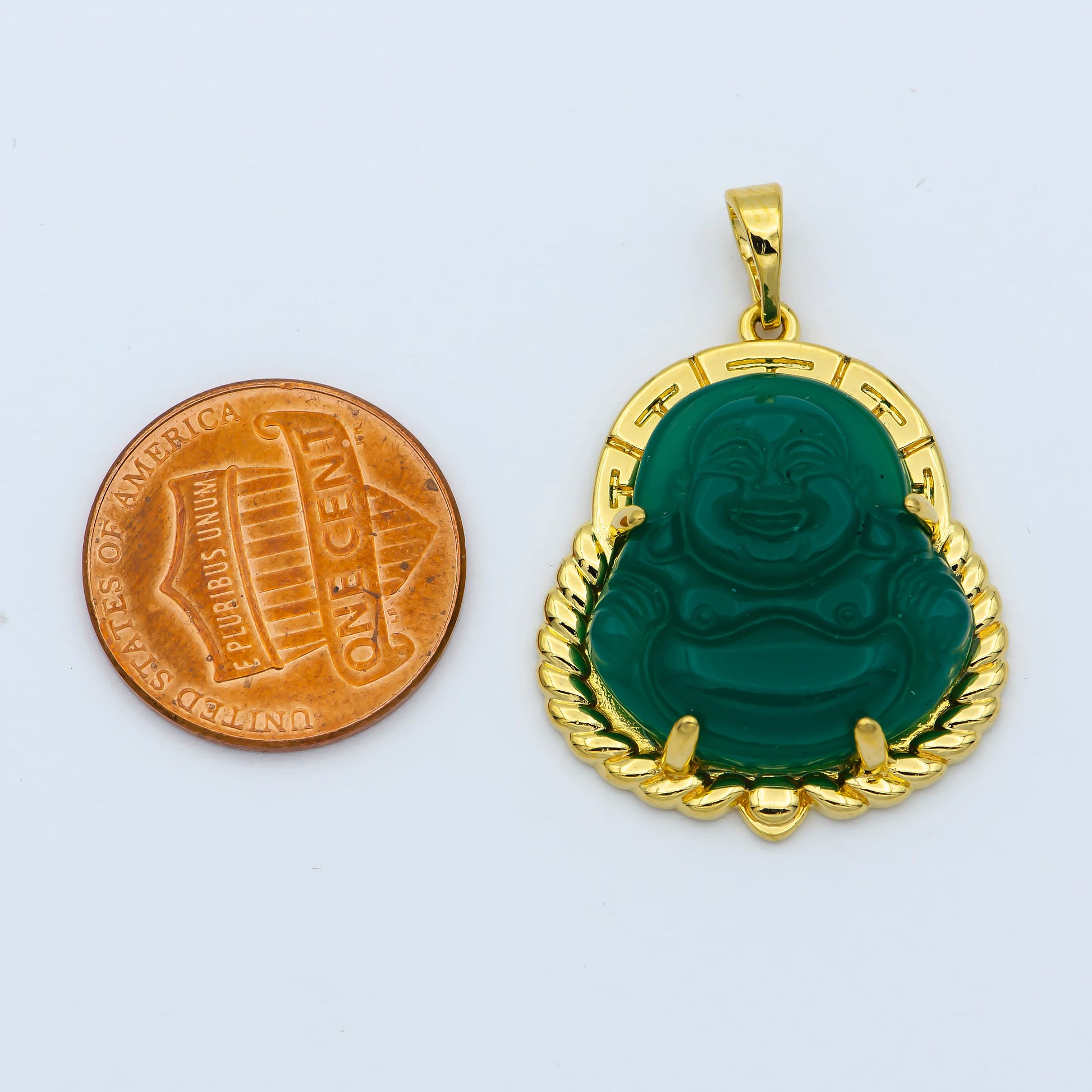 Dark Green Buddha Pendant 24K Gold Filled Green Jade Buddha Pendant Laughing Buddha Charm Unisex Necklace for Religious Jewelry Supply AH325