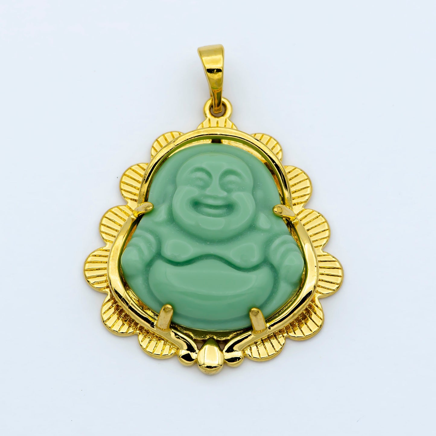 Light Green Buddha Pendant 24K Gold Filled Green Jade Buddha Pendant Laughing Buddha Charm Unisex Necklace for Religious Jewelry Supply