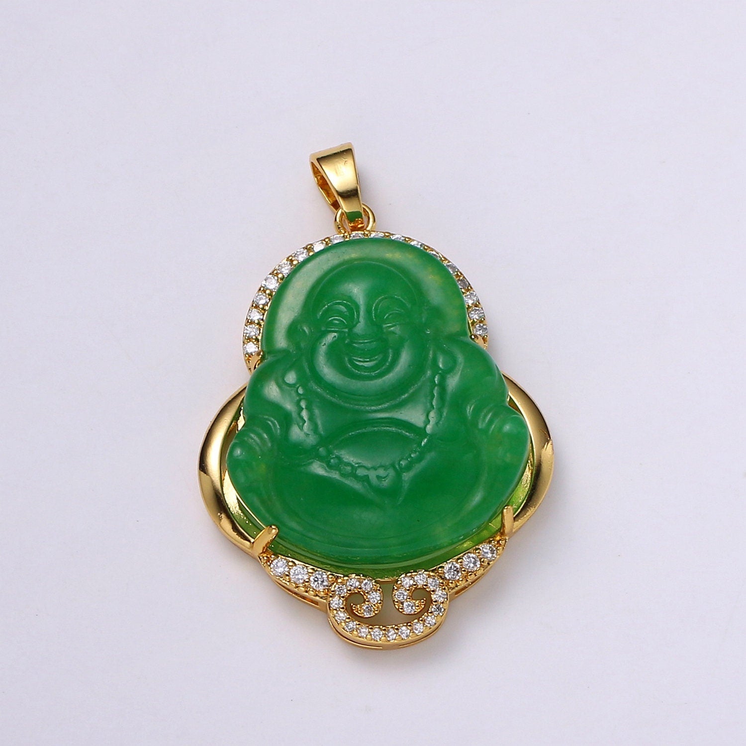 14k Gold Filled Buddha Pendant for Necklace Laughing Buddha Charm Green Buddha Charm for Statement Necklace Religious Jewelry