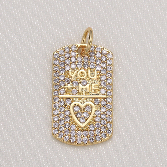 Love is You + Me CZ Gold Charm Mini Heart Charm Tag Heart Affirmation Pendant for Necklace Bracelet Earring -592