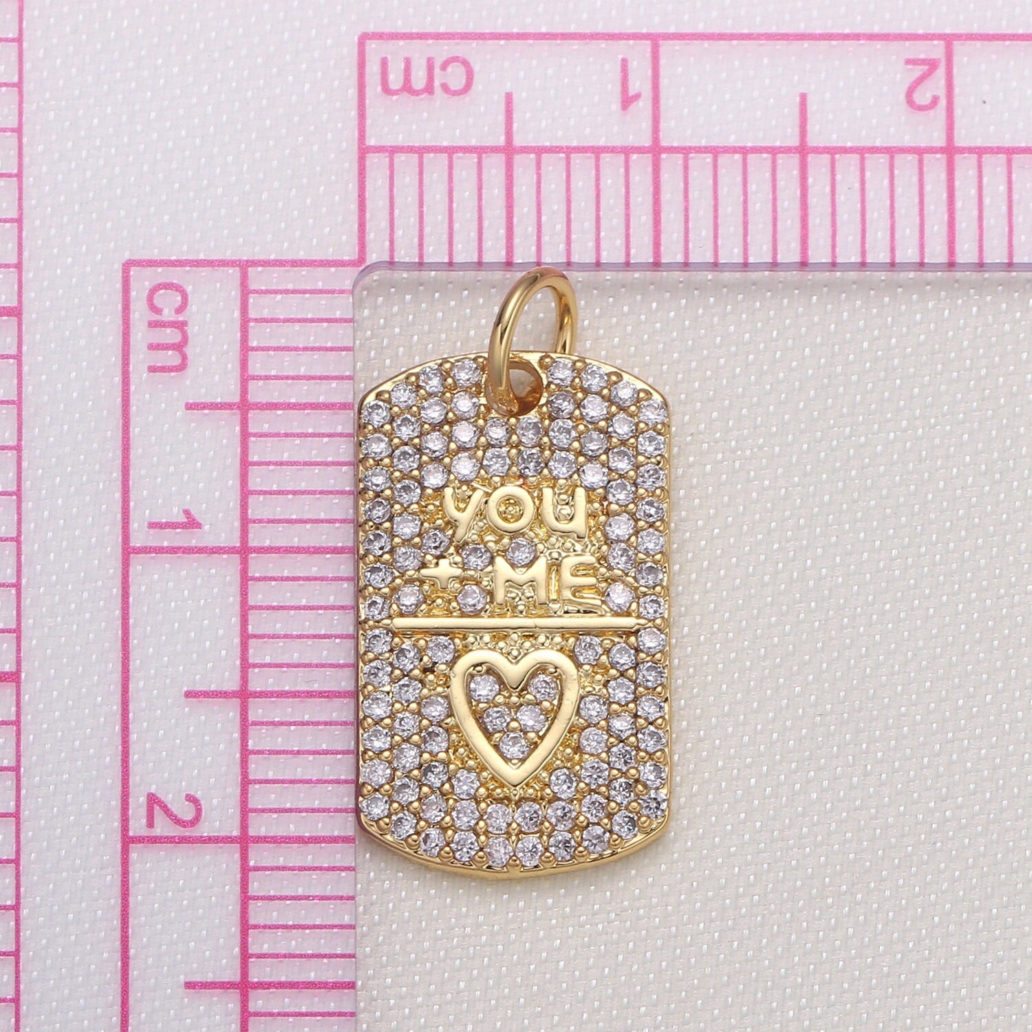 Love is You + Me CZ Gold Charm Mini Heart Charm Tag Heart Affirmation Pendant for Necklace Bracelet Earring -592
