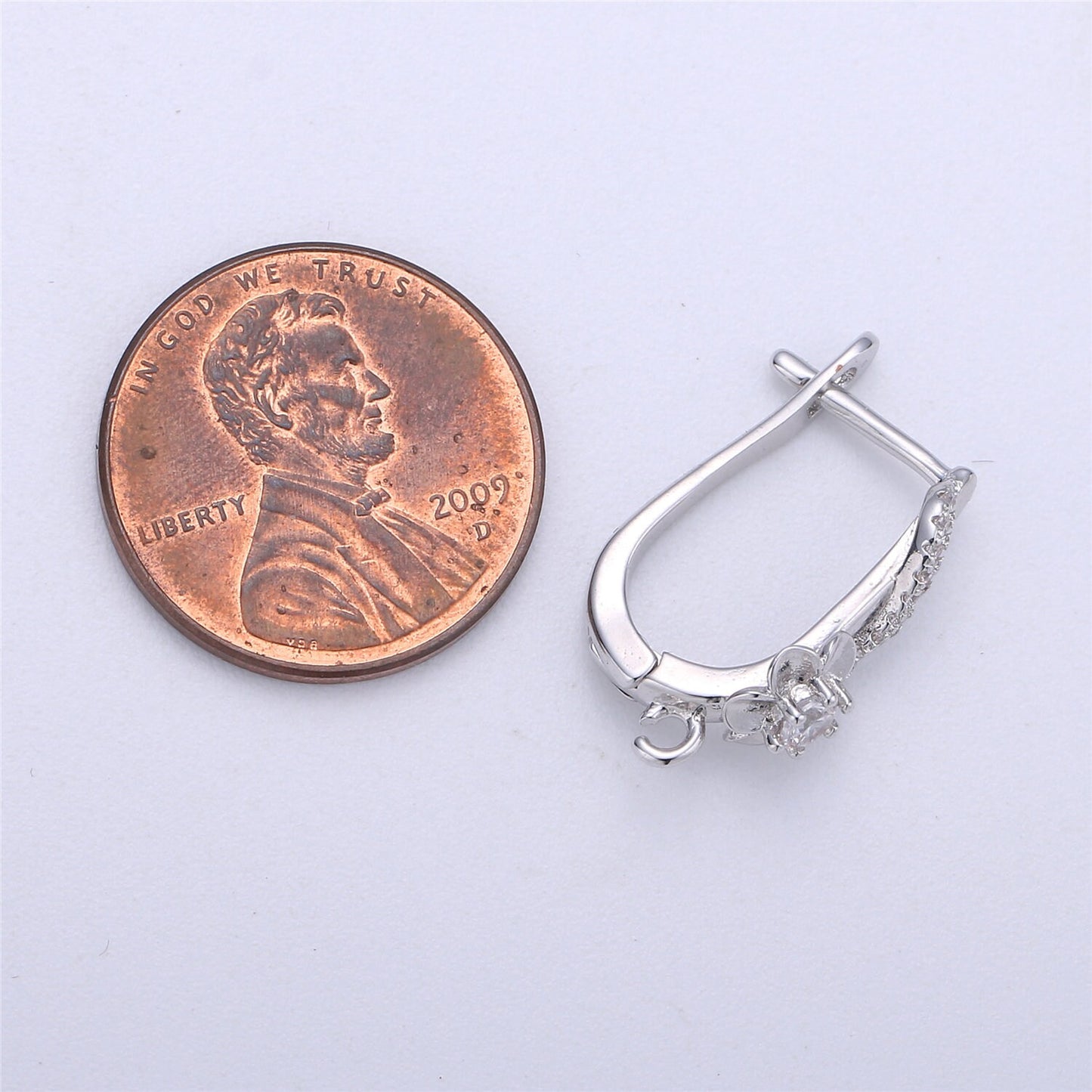 Silver Flower Huggie Clear cubic one touch w/ open link, Lead Nickel free Lever back earring making Component Cz Earring Supply