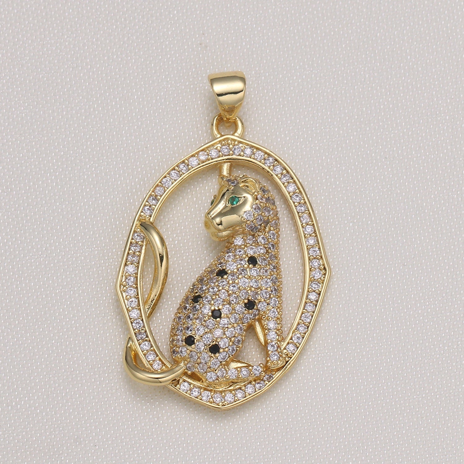 1pc Gold Cheetah Micro Pave Pendant , Cubic Zirconia King of Animals Pendant Charm, Cat Charm For DIY Jewelry, -591