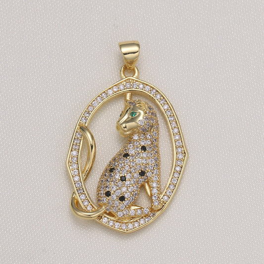 1pc Gold Cheetah Micro Pave Pendant , Cubic Zirconia King of Animals Pendant Charm, Cat Charm For DIY Jewelry, -591