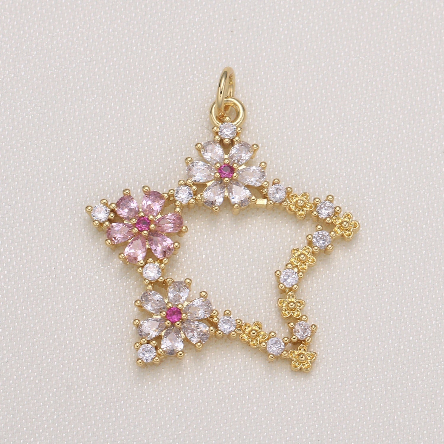 Gold Micro Pave CZ Star Charm, Cubic Flower CZ Pendant, Wreath of gold flower Pendant, Celestial Jewelry -589