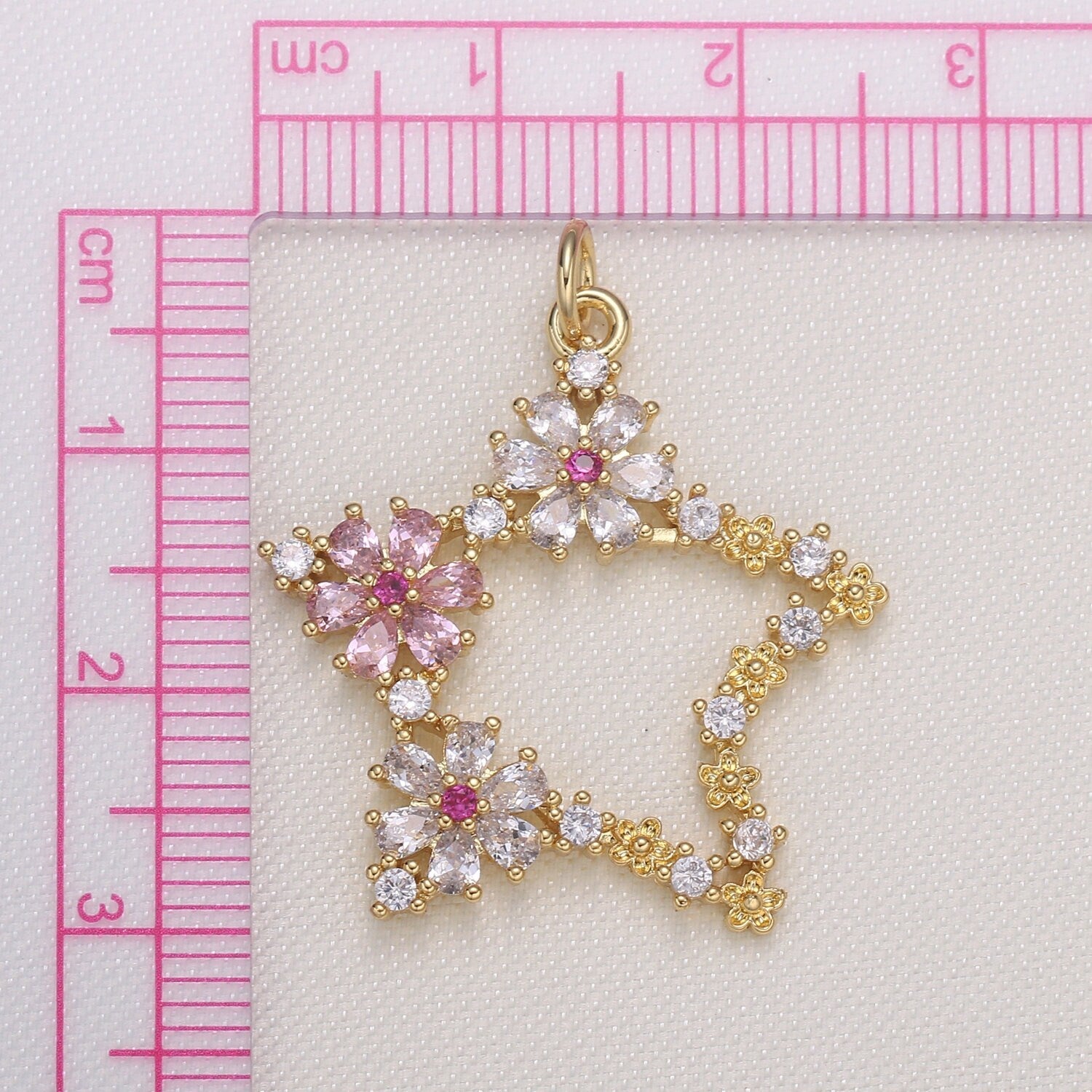 Gold Micro Pave CZ Star Charm, Cubic Flower CZ Pendant, Wreath of gold flower Pendant, Celestial Jewelry -589