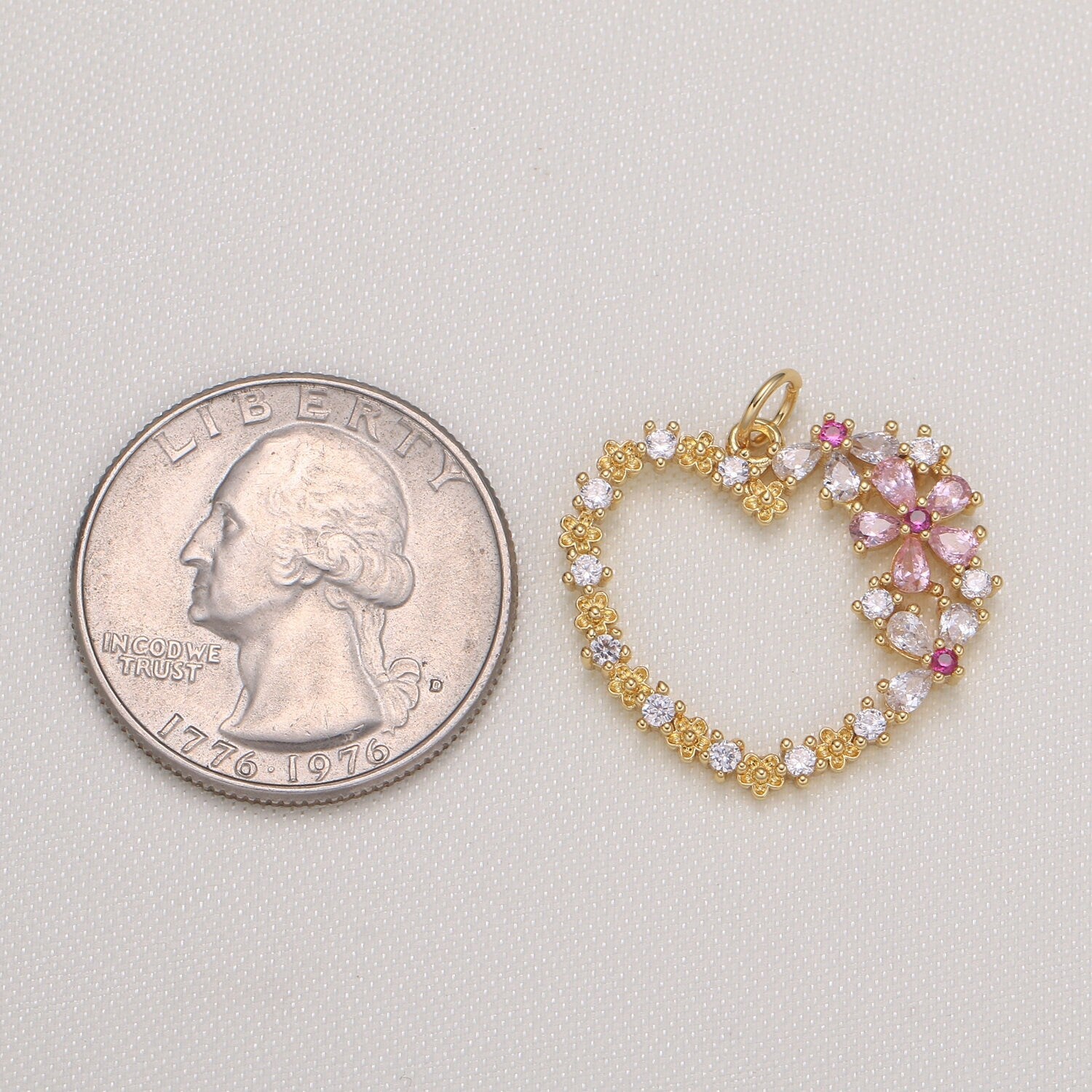 Gold Micro Pave CZ Heart Charm, Cubic Flower CZ Pendant, Wreath of gold flower Pendant, Love Jewelry, 594