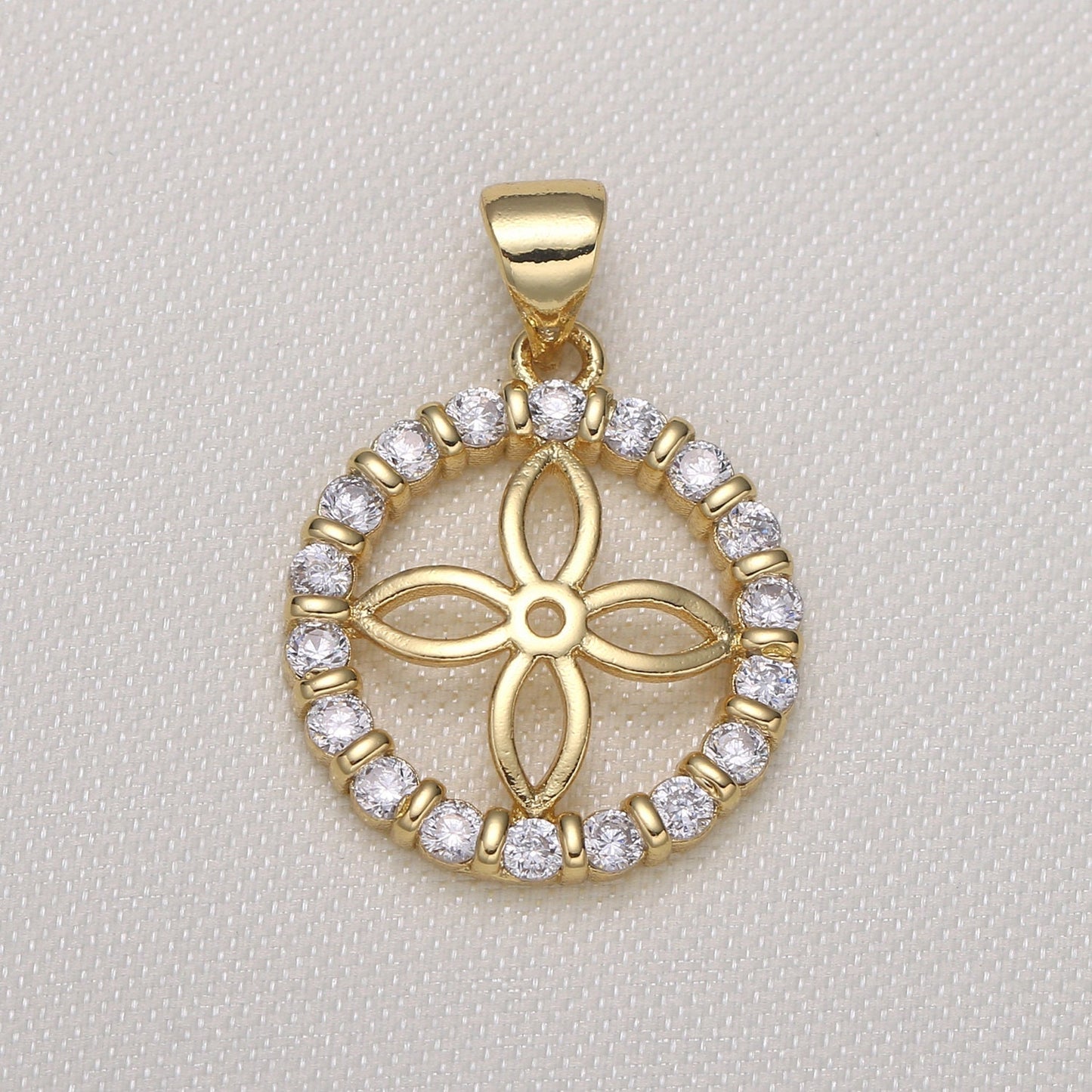 Jasmine Gold Charm CubicFlower Charm. CZ Pave Pendant, Designer's Jewelry Supplies. DIY Craft Supplies. Round Pendant, 581