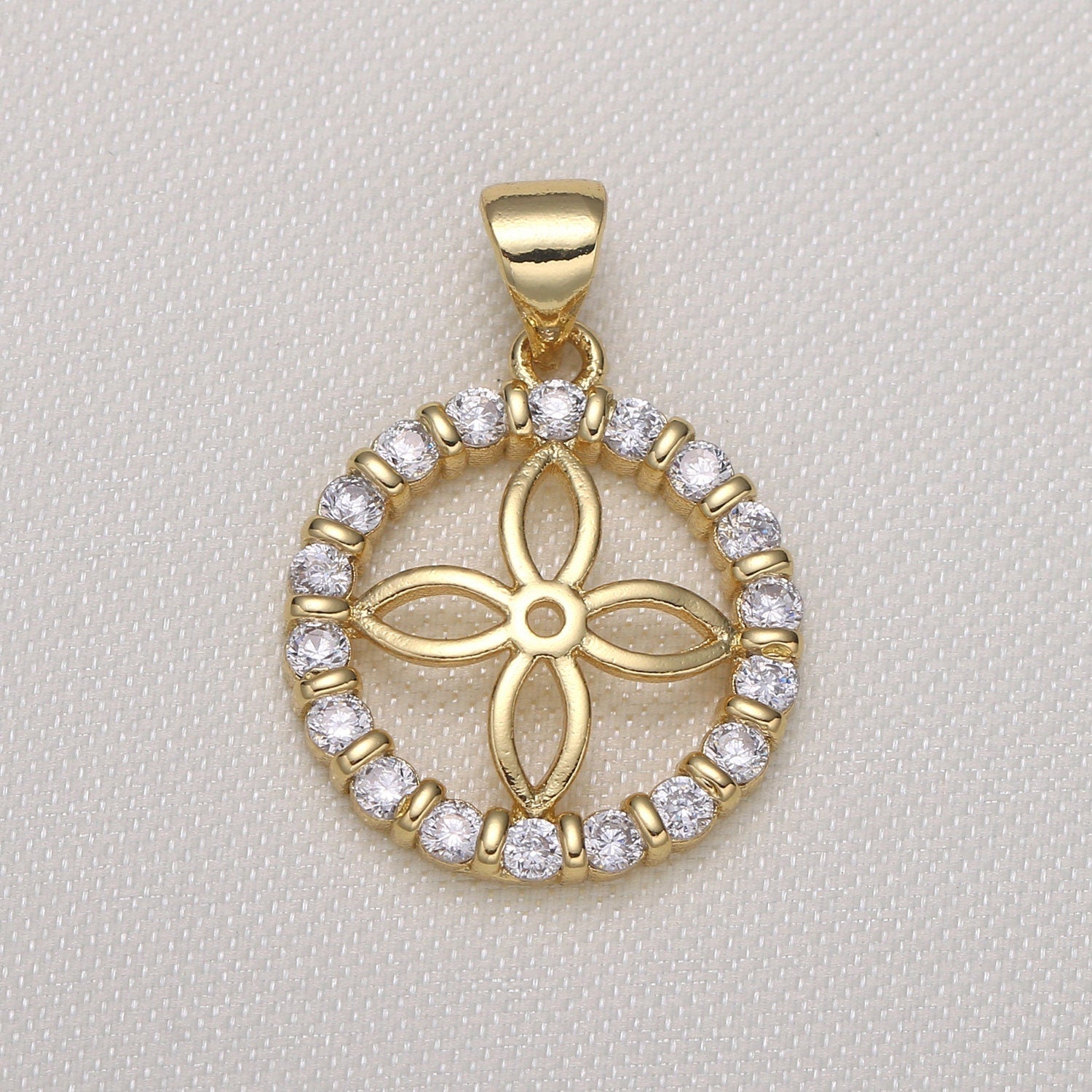 Jasmine Gold Charm CubicFlower Charm. CZ Pave Pendant, Designer's Jewelry Supplies. DIY Craft Supplies. Round Pendant, 581