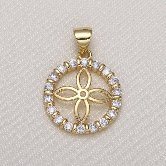 Jasmine Gold Charm CubicFlower Charm. CZ Pave Pendant, Designer's Jewelry Supplies. DIY Craft Supplies. Round Pendant, 581