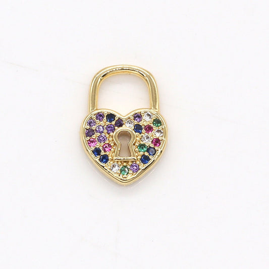 Mini Multi Color Heart CZ Lock Charms, Micro Pave Gold Padlock Charms, Love Lock Pendant, Padlock Necklace Bracelet Earring Charm,796
