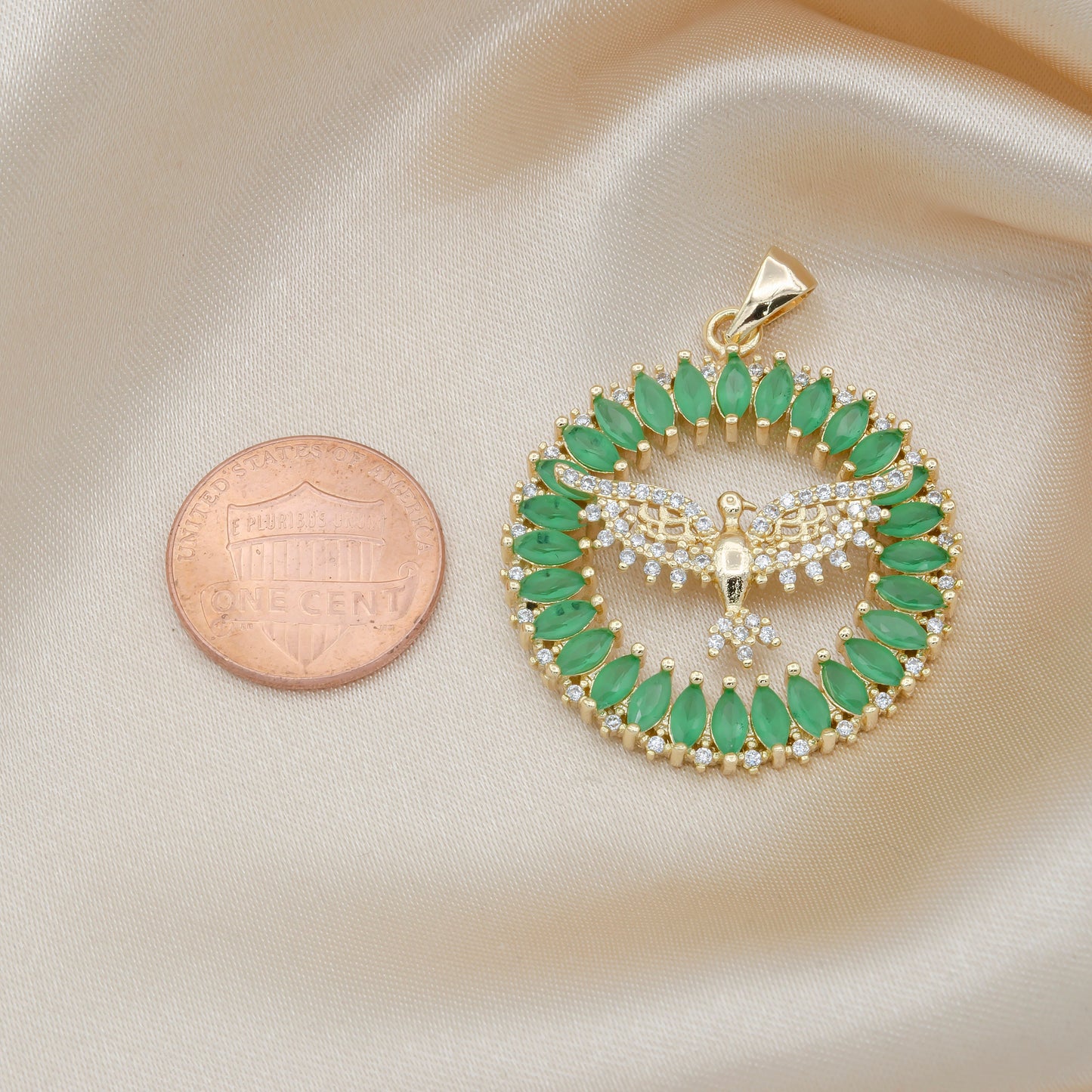 Green Cubic Round Pendant - Victory Bird Charm- Wreath of CZ Pave Wheel Pendant Jewelry Pendant for Necklace Earring Supply -497