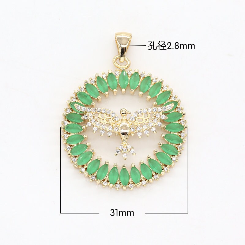 Green Cubic Round Pendant - Victory Bird Charm- Wreath of CZ Pave Wheel Pendant Jewelry Pendant for Necklace Earring Supply -497