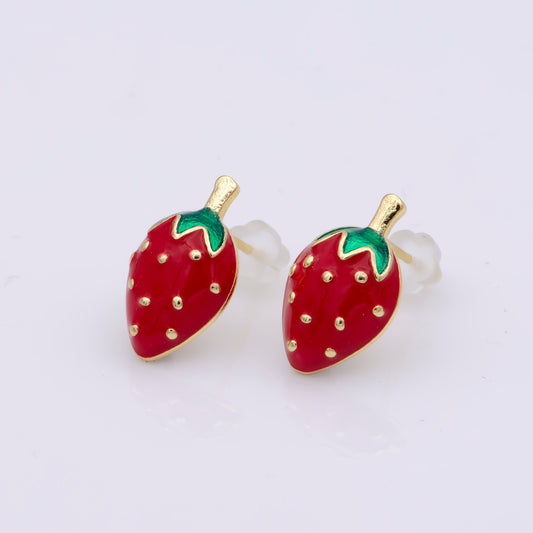 Red Strawberry stud earring - Enamel Fruit stud earring - Tiny gold stud - Kawaii Stud Earring Minimalist stud earring for Jewelry Gift