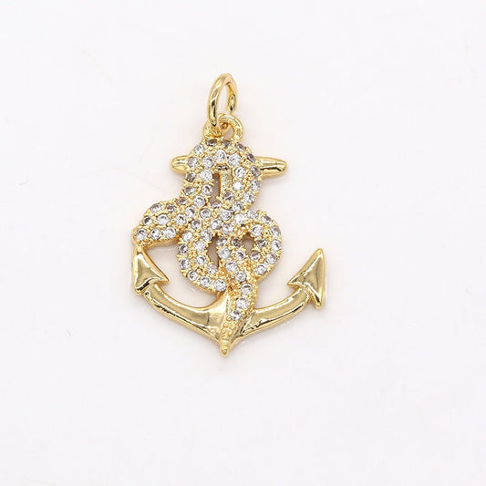 Gold Anchor Pendant Craft Supplies, CZ Pave Snake Charm For Necklace Bracelet Jewelry Making Nautical Jewelry Making Supply, -548