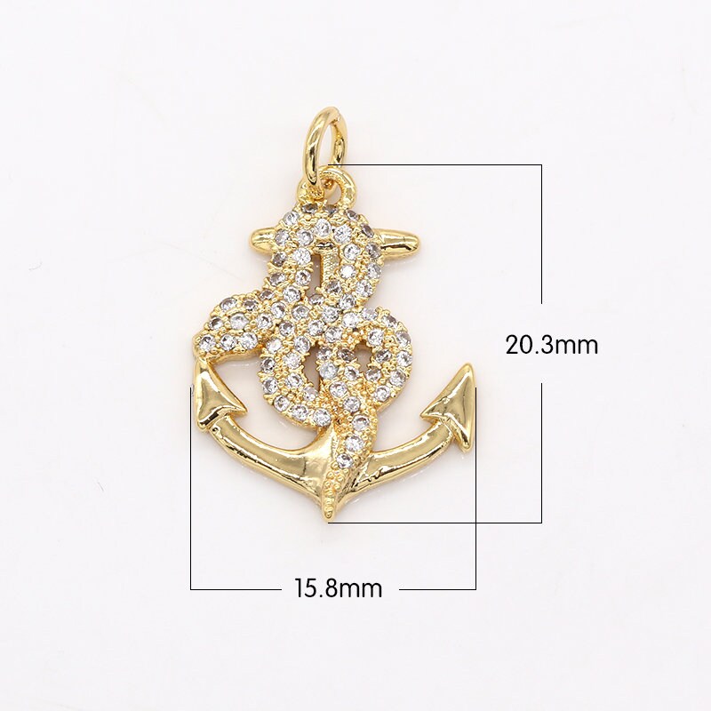 Gold Anchor Pendant Craft Supplies, CZ Pave Snake Charm For Necklace Bracelet Jewelry Making Nautical Jewelry Making Supply, -548