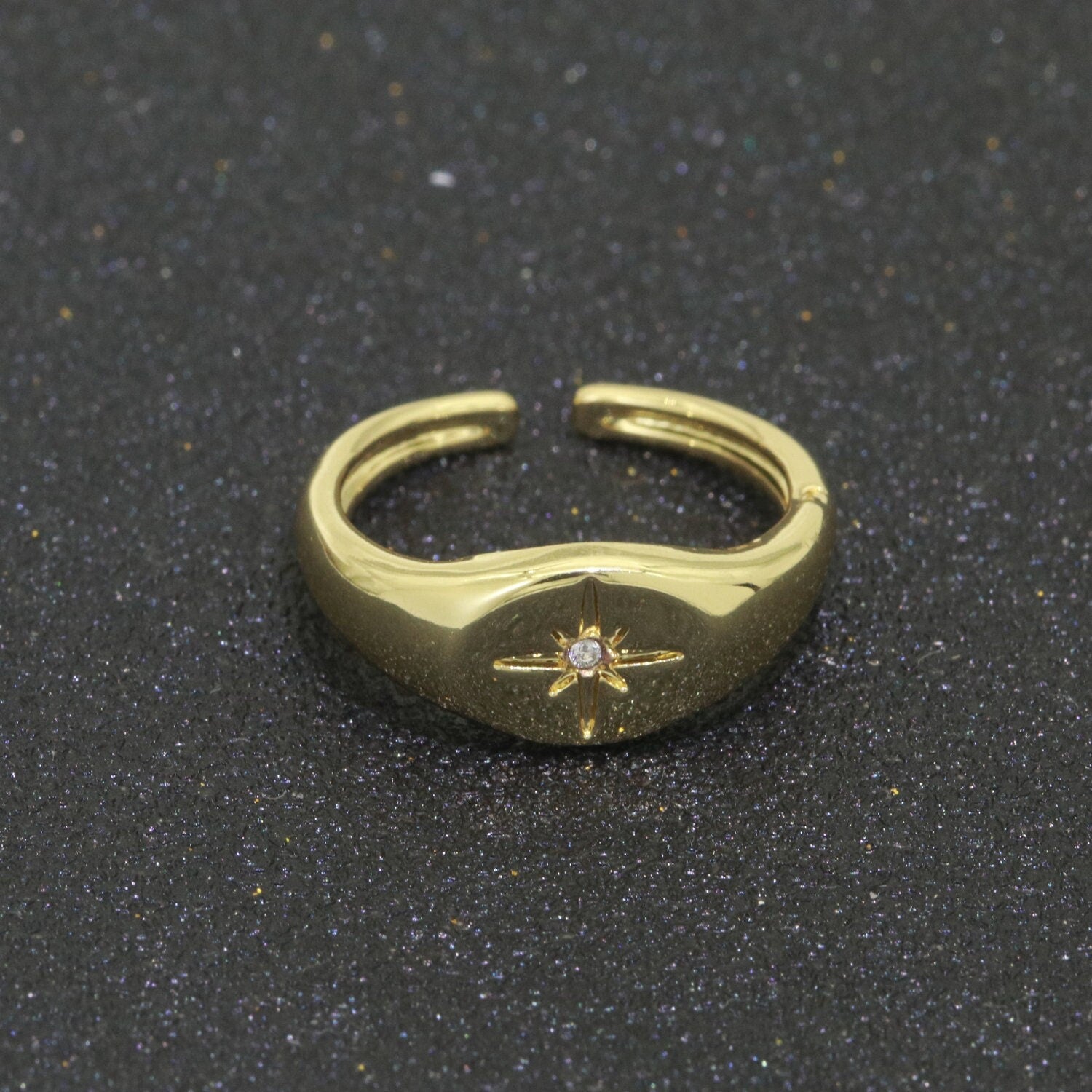 1pc North Star of the Universe Gold Ring, Solitaire CZ Milkyway Adjustable Gold Signet Ring, Simple Ring,Circle Ring- RING-610, S-108