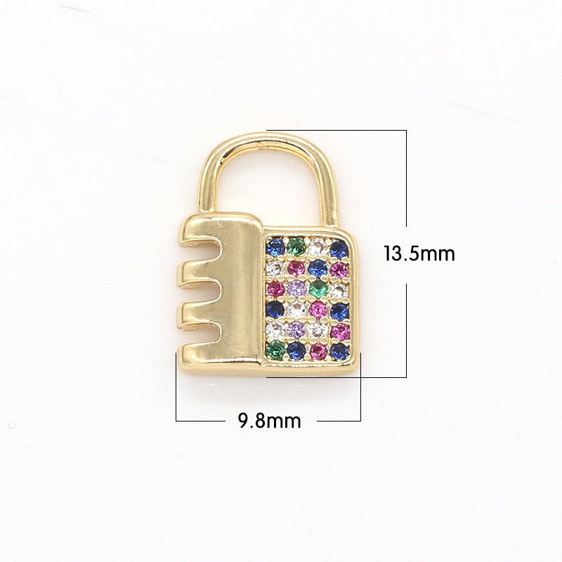 Mini Jagged Rainbow CZ Lock Charms, Micro Pave Gold Padlock Charms, Square Lock Pendant, Padlock Necklace Bracelet Earring Charm, 785