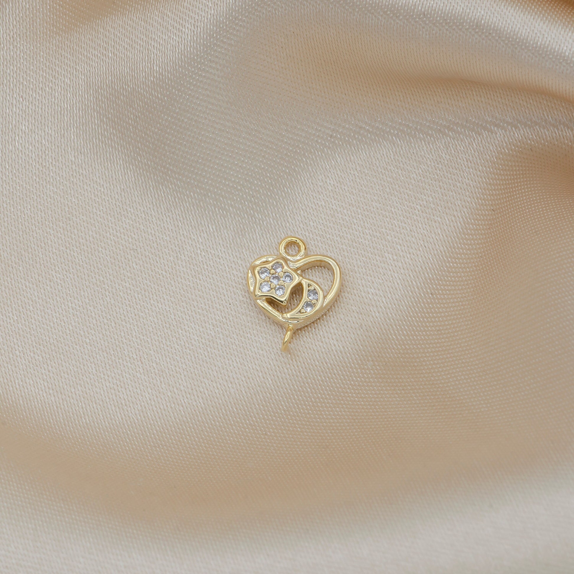 Dainty Heart Charm Earring Connector, Dangle Star Charm Necklace Link Connector Charms, Moon Lariat Jewelry Gold Micro pave 329
