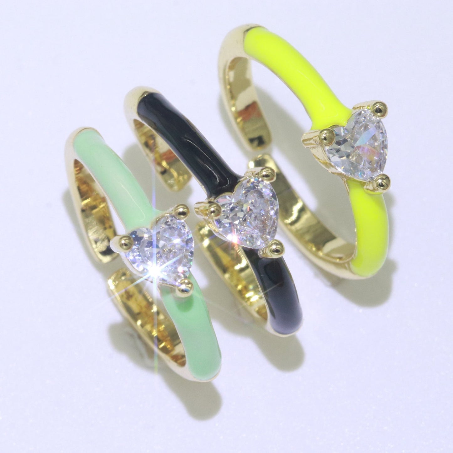 Green, Black, Yellow Color Enamel Ring Y2K Jewelry Heart Cubic Zirconia Stacking Ring Midi Dainty Ring for Women Girl Christmas Gift