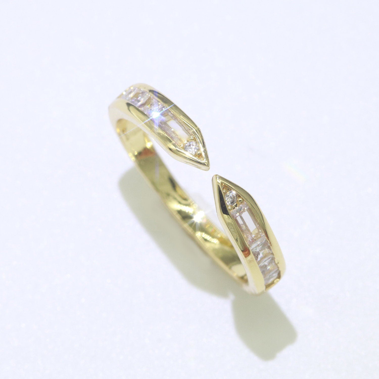 Pave Baguette CZ Gold Adjustable Ring, 18K Gold Filled Dainty Open RIng, Statement Ring