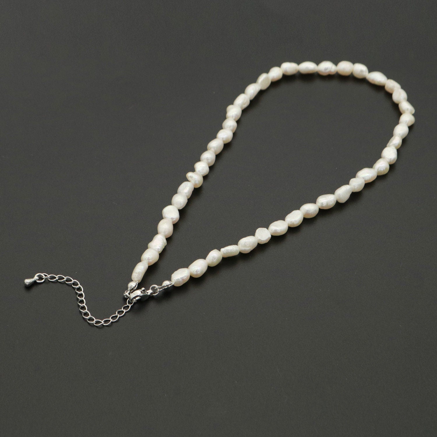 Silver Mother Pearl Choker Necklace, Fresh Water Pearl Baroque Chain Necklace 14.8"+ 2 inch extender Necklace Beaded Silver Chain