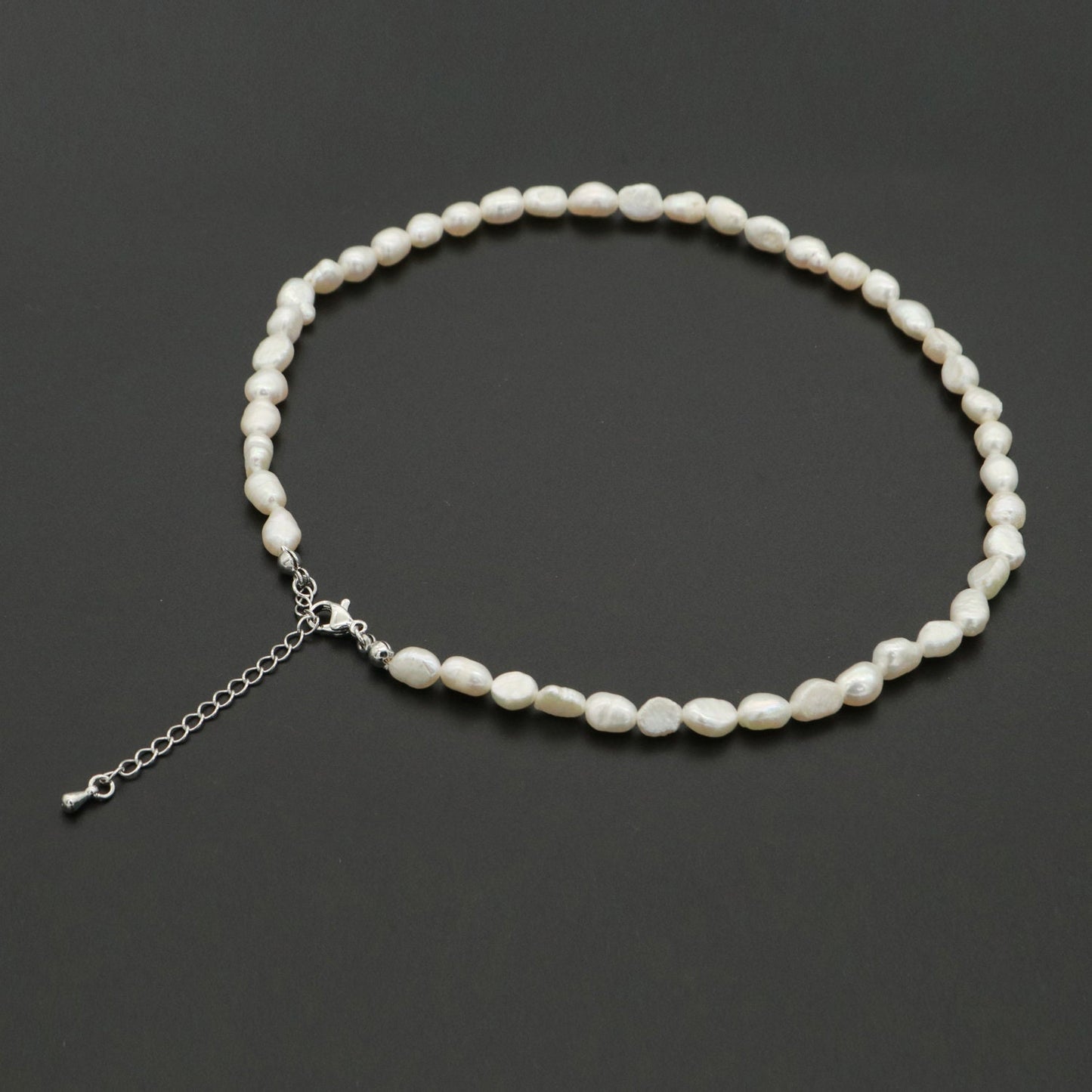 Silver Mother Pearl Choker Necklace, Fresh Water Pearl Baroque Chain Necklace 14.8"+ 2 inch extender Necklace Beaded Silver Chain