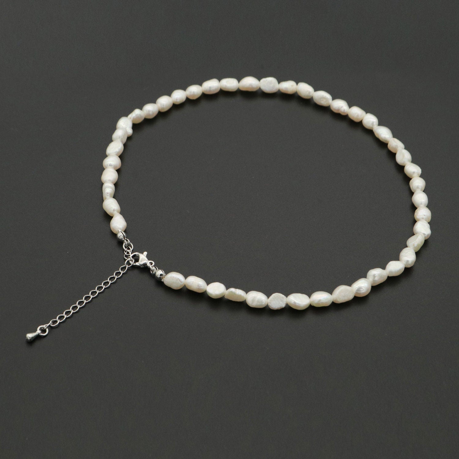 Silver Mother Pearl Choker Necklace, Fresh Water Pearl Baroque Chain Necklace 14.8"+ 2 inch extender Necklace Beaded Silver Chain