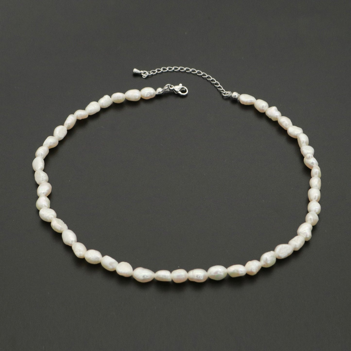 Silver Mother Pearl Choker Necklace, Fresh Water Pearl Baroque Chain Necklace 14.8"+ 2 inch extender Necklace Beaded Silver Chain