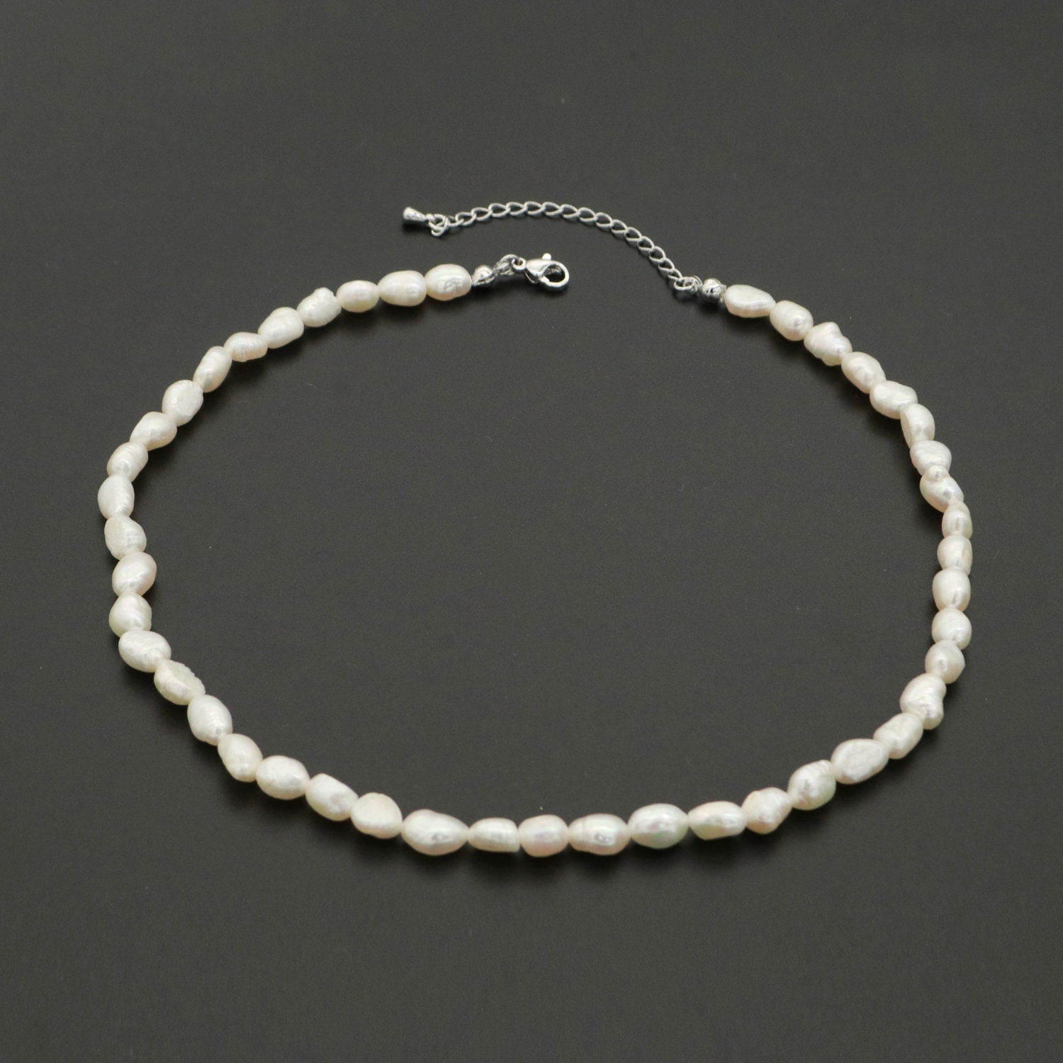 Silver Mother Pearl Choker Necklace, Fresh Water Pearl Baroque Chain Necklace 14.8"+ 2 inch extender Necklace Beaded Silver Chain