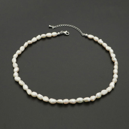 Silver Mother Pearl Choker Necklace, Fresh Water Pearl Baroque Chain Necklace 14.8"+ 2 inch extender Necklace Beaded Silver Chain