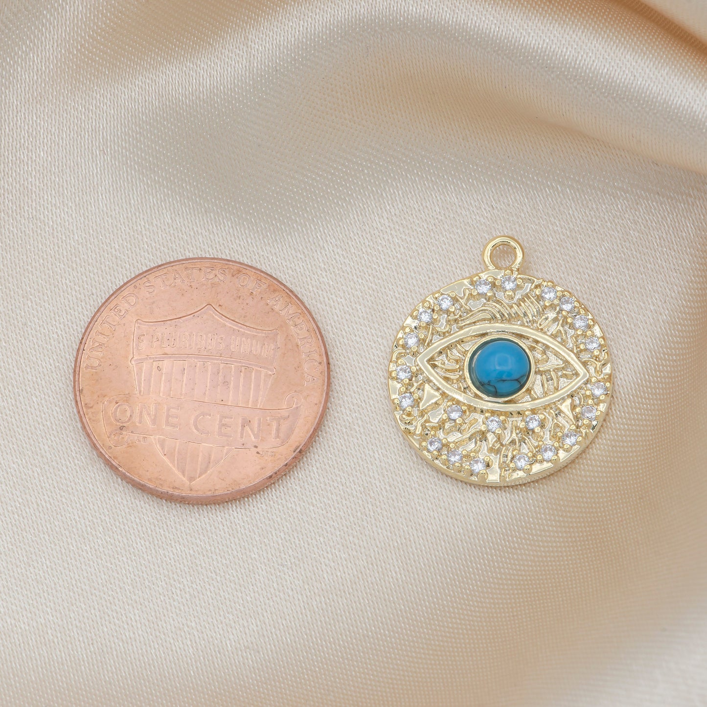 Round Disc Blue Evil Eye Charm, Gold Plated Medallion Charm Eye of Ra Amulet Jewelry Pendants Cubic Zirconia,485