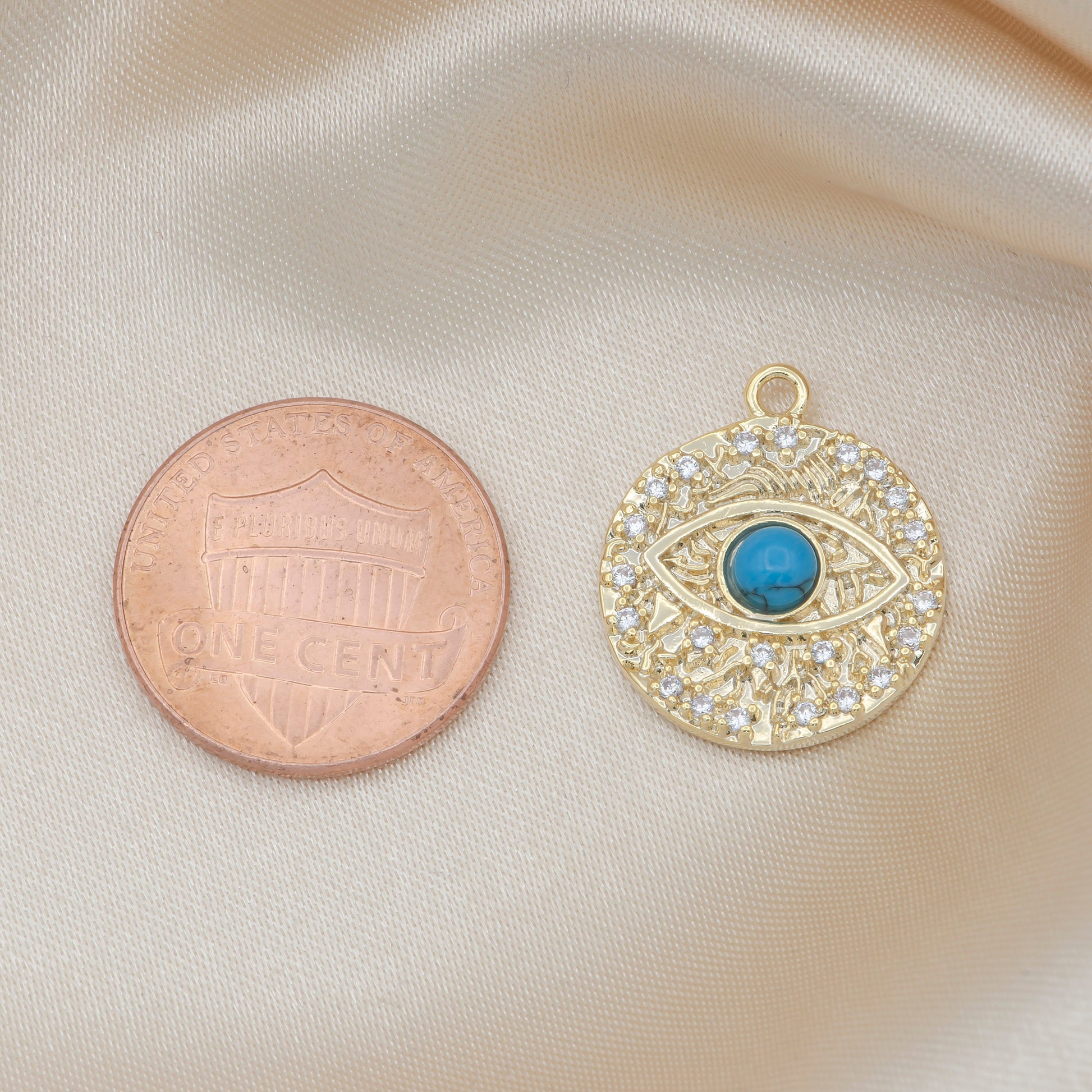 Round Disc Blue Evil Eye Charm, Gold Plated Medallion Charm Eye of Ra Amulet Jewelry Pendants Cubic Zirconia,485