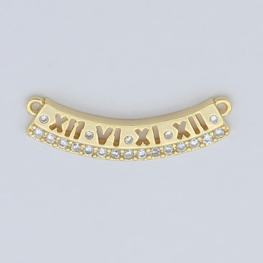 Gold Roman Numerals Curved Plate, Curved Bracelet Charm Connector Bar, Two Hole Bar, Bracelet Connector