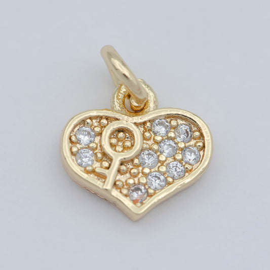 Tiny Gold Lock Key Pendant Charm, Dainty Heart charm for Bracelet Necklace Earring Component