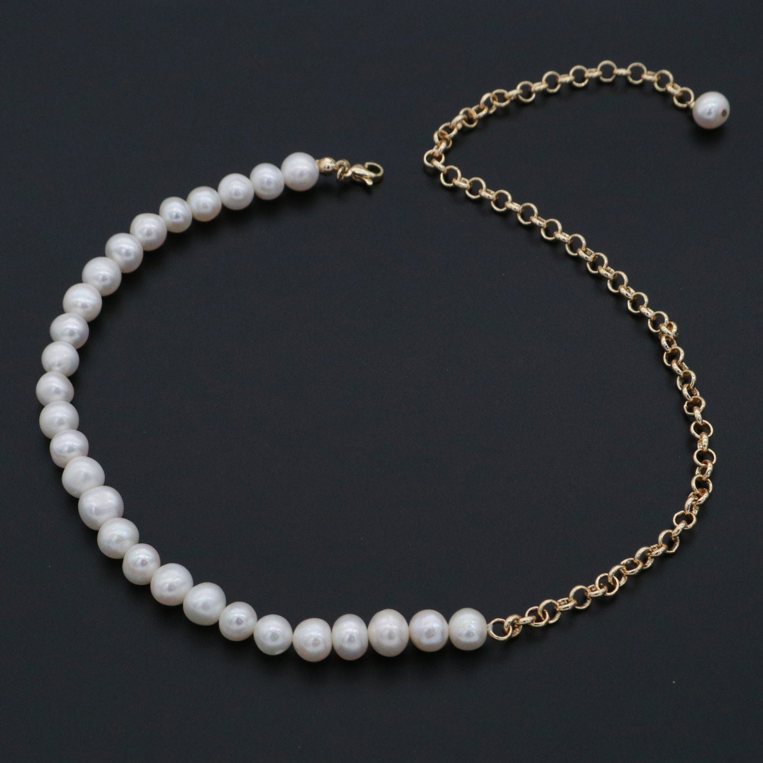 Fresh Water Pearl Necklace, Oval Link Chain Necklace, Pearl Necklace, 18 inch Necklace Mix Metal Beaded Gold Chain, WA268