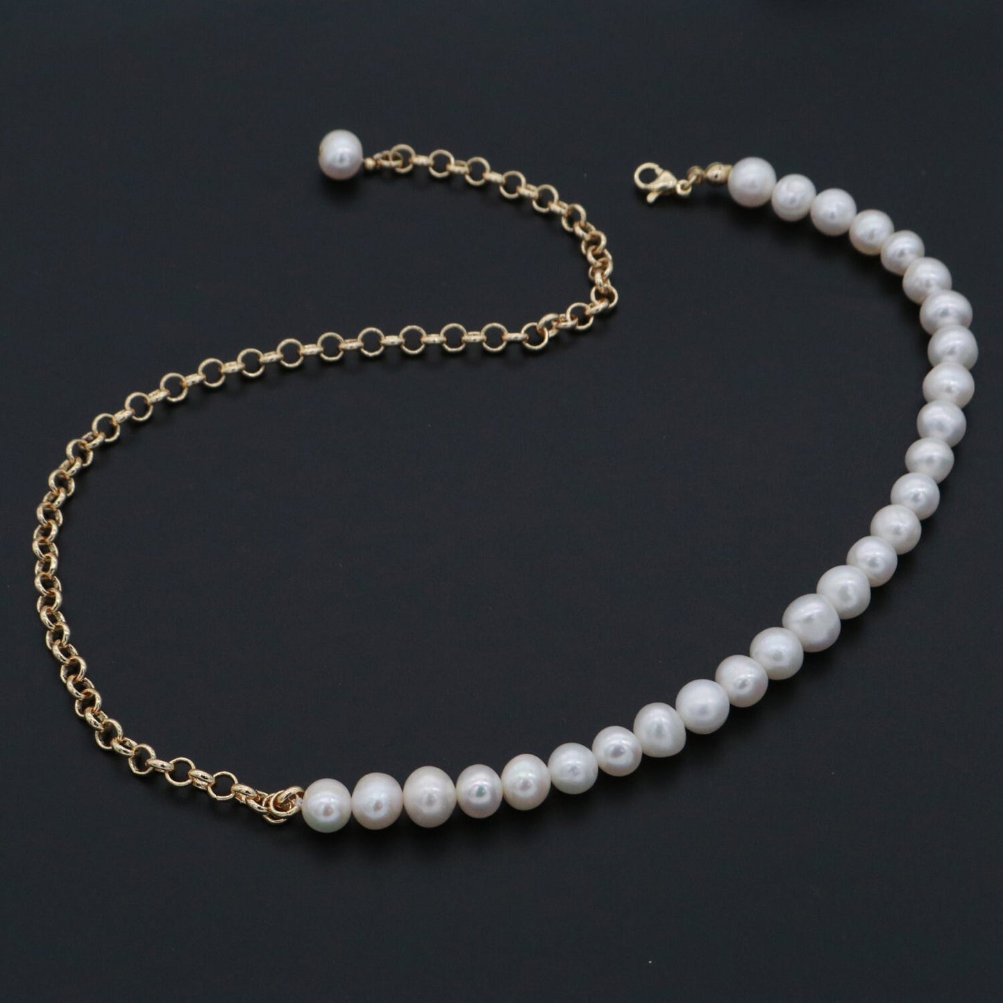 Fresh Water Pearl Necklace, Oval Link Chain Necklace, Pearl Necklace, 18 inch Necklace Mix Metal Beaded Gold Chain, WA268