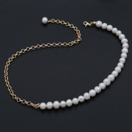 Fresh Water Pearl Necklace, Oval Link Chain Necklace, Pearl Necklace, 18 inch Necklace Mix Metal Beaded Gold Chain, WA268