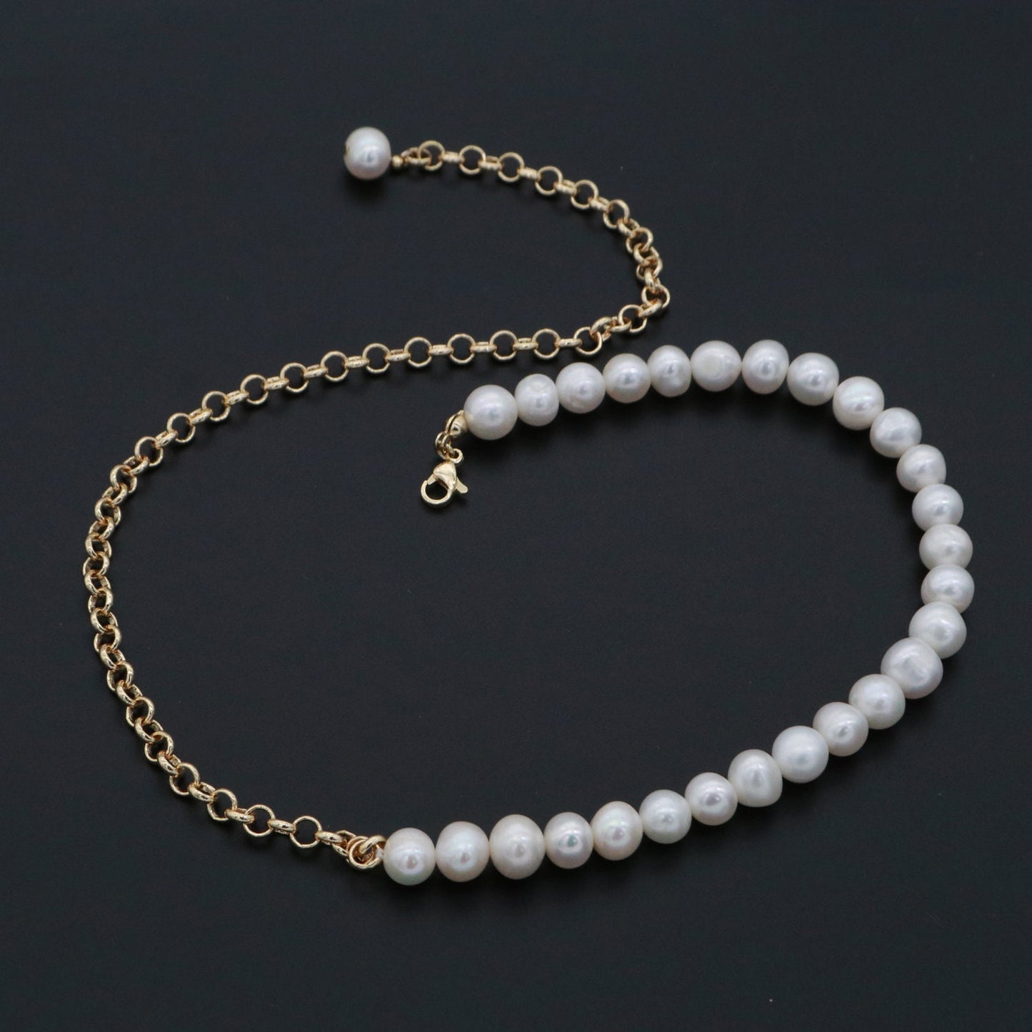 Fresh Water Pearl Necklace, Oval Link Chain Necklace, Pearl Necklace, 18 inch Necklace Mix Metal Beaded Gold Chain, WA268