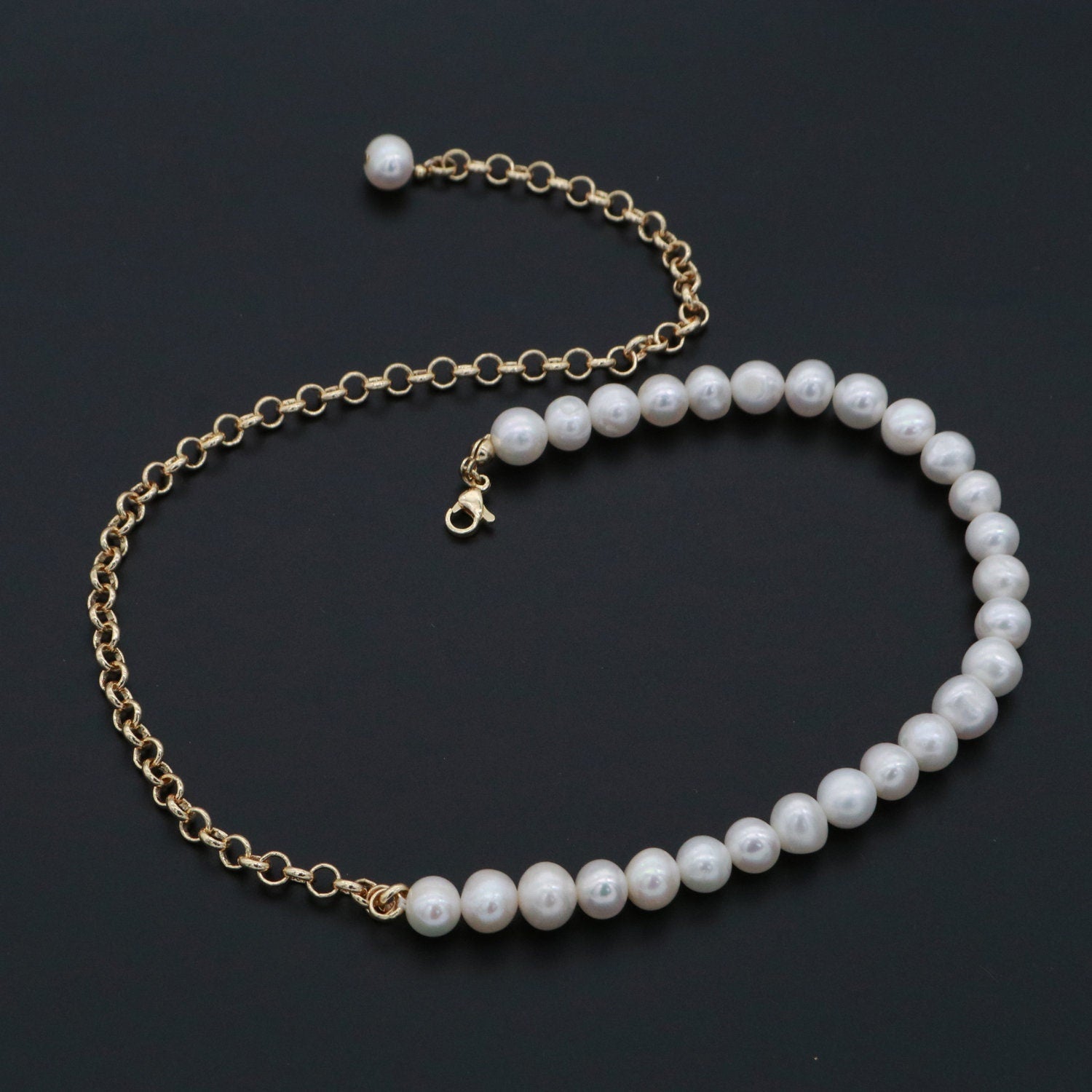 Fresh Water Pearl Necklace, Oval Link Chain Necklace, Pearl Necklace, 18 inch Necklace Mix Metal Beaded Gold Chain, WA268