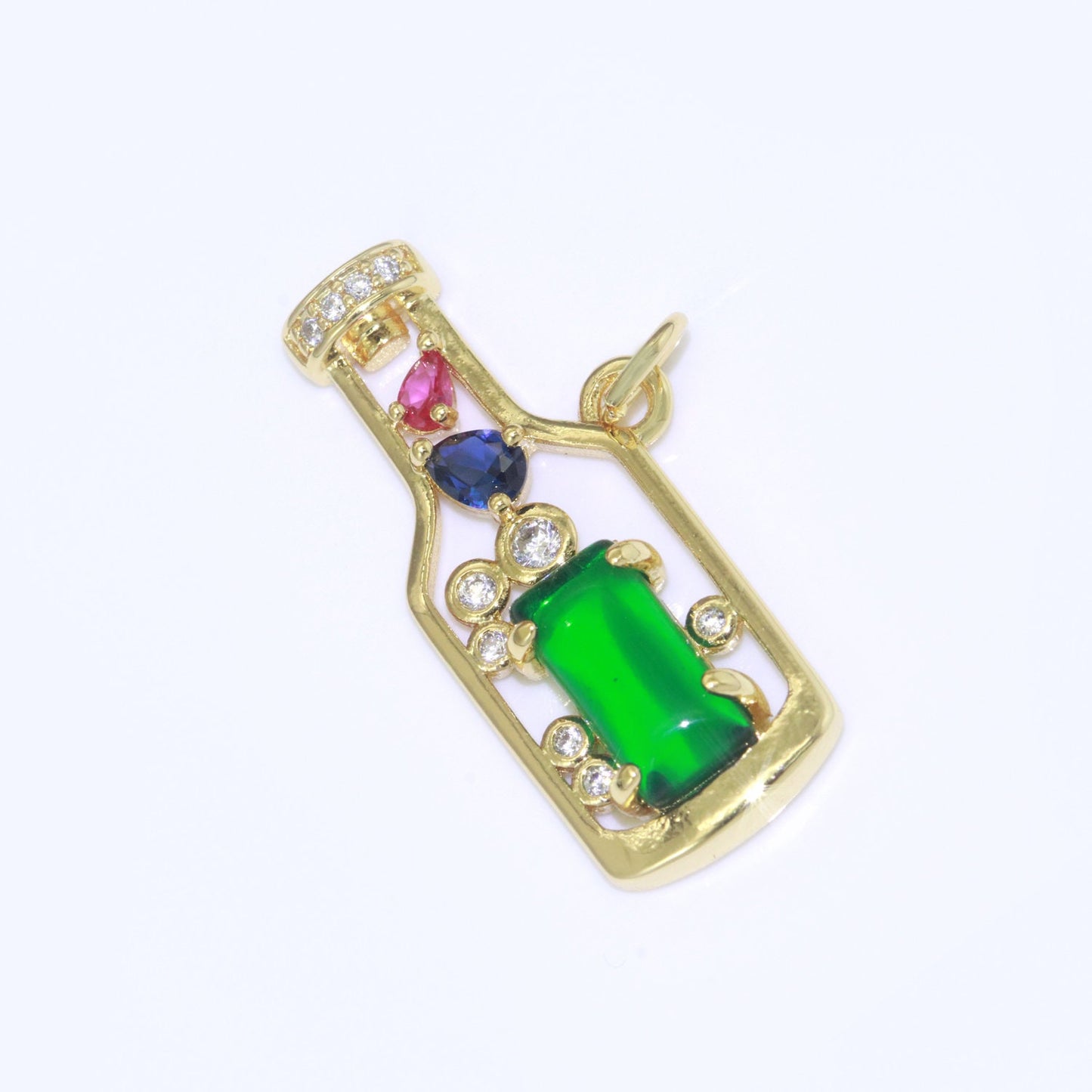 Gold Fill Love Spell Charm- Pink Green Glass Powers Of Love - Love Potion - Wine Bottle Spell Charm for Dainty Minimalist jewelry Component