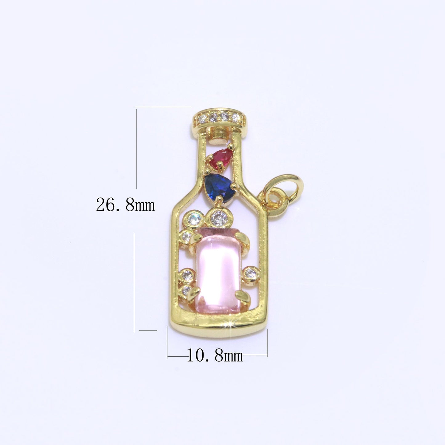 Gold Fill Love Spell Charm- Pink Green Glass Powers Of Love - Love Potion - Wine Bottle Spell Charm for Dainty Minimalist jewelry Component