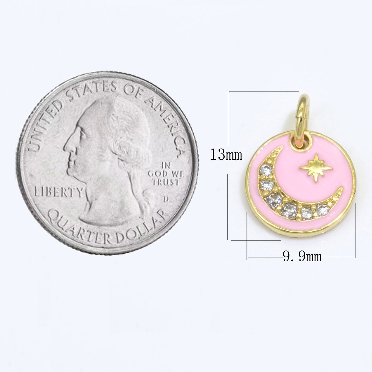 Pink Enamel Gold moon charms ,cubic moon pendants, Celestial charm, medallion charm, moon and star pendant in 14k Gold Filled