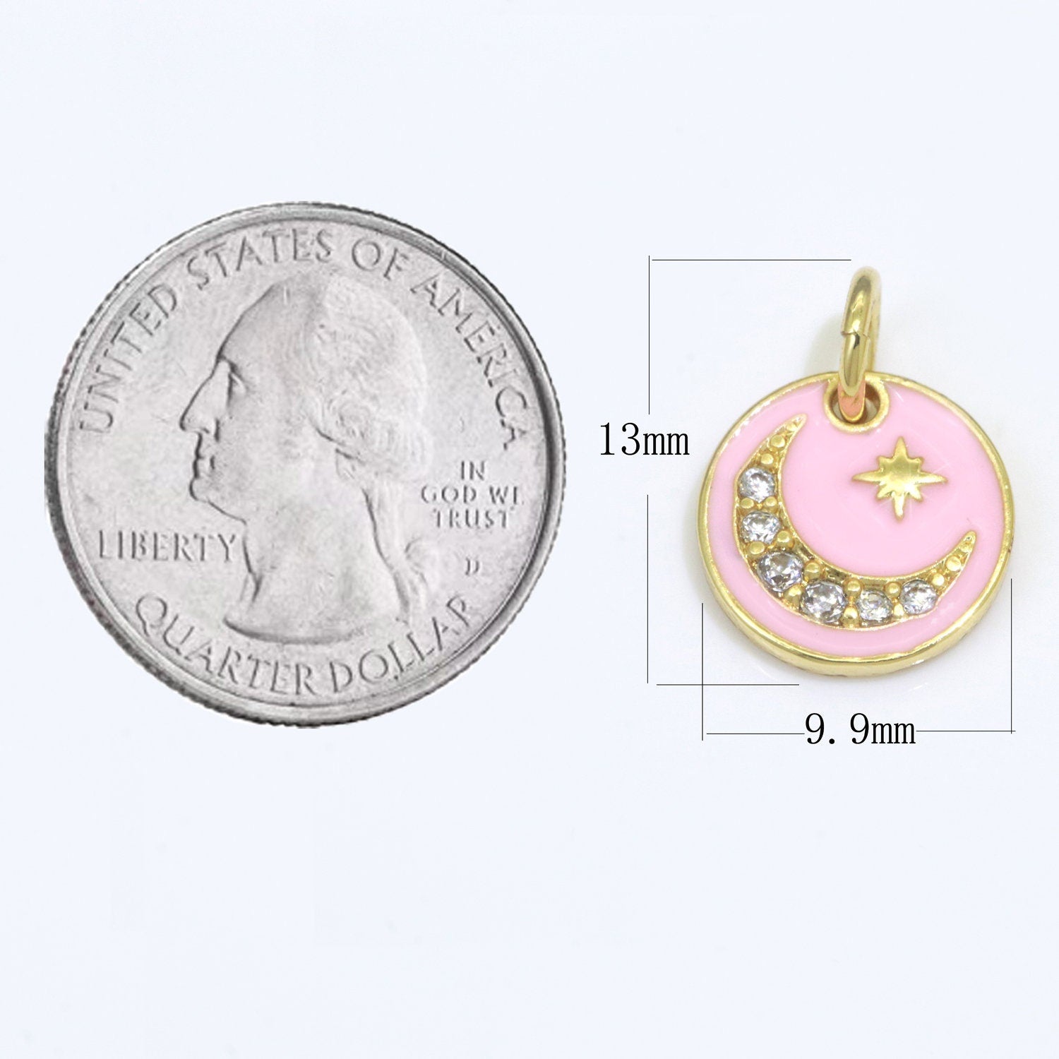 Pink Enamel Gold moon charms ,cubic moon pendants, Celestial charm, medallion charm, moon and star pendant in 14k Gold Filled