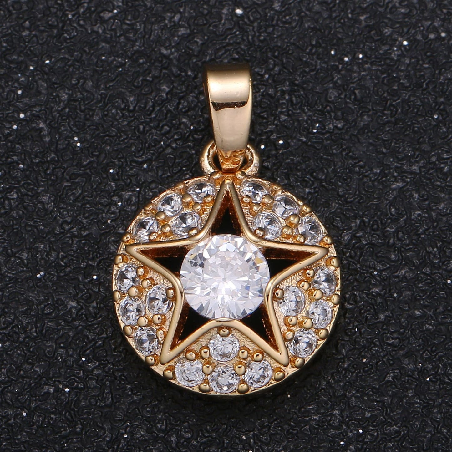 Gold Micro Pave CZ Star Charm, Cubic Galaxy Solitaire CZ Pendant, Coin Pendant, Celestial Jewelry -421